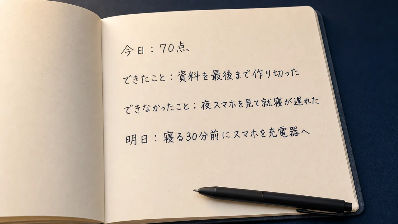ノートに夜の採点テンプレートを記入した例。点数とできたこと、できなかったこと、明日やることが書かれている